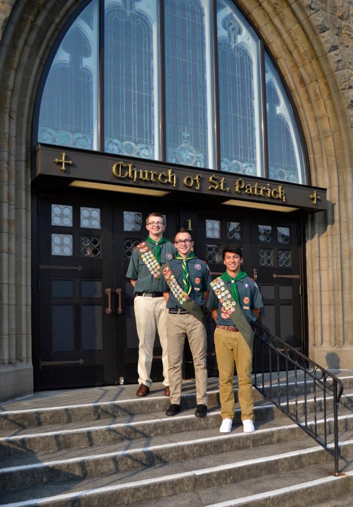 Eagle Scouts Jesse, Maher and Lane stand proudly on the steps of St. Pat's. Photo courtesy of Anna Jesse