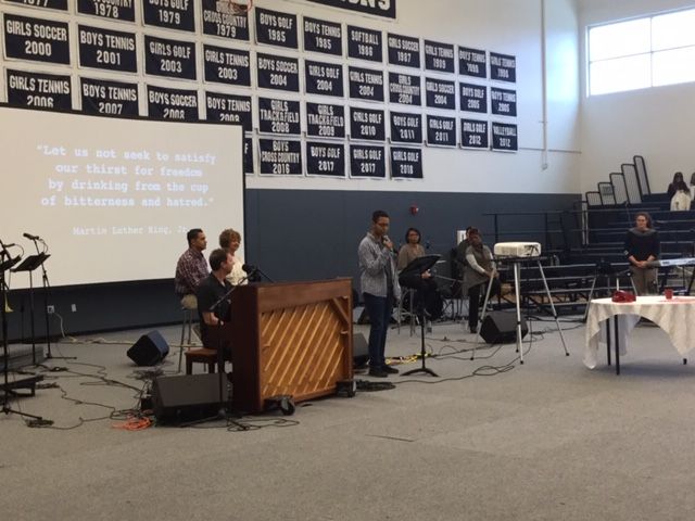 Junior AJ Steele speaks at the At the Table Assembly. Photo by Jeanne Hanigan