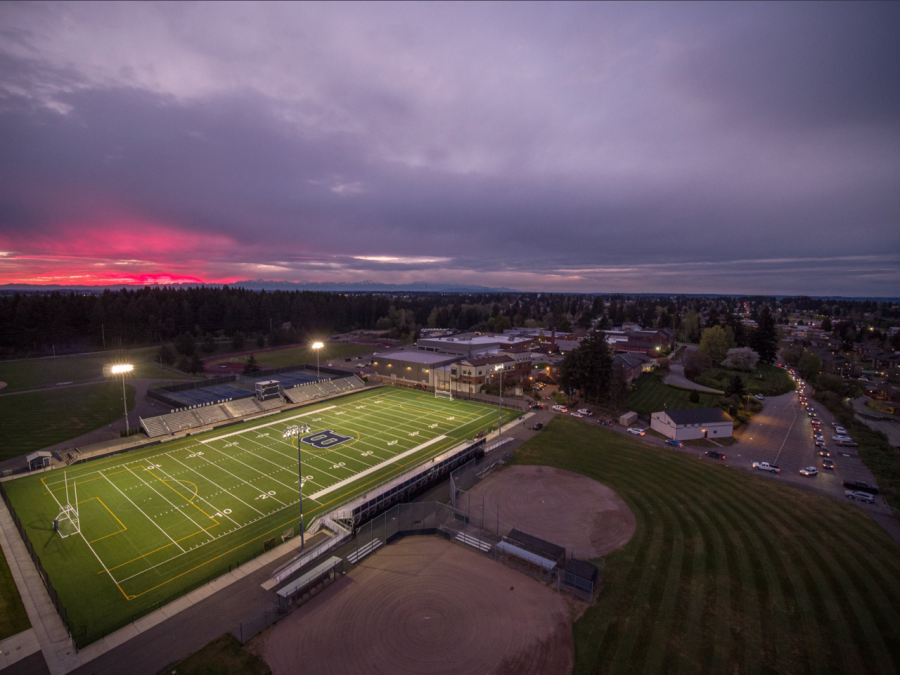 Memorial Field, the home of many sports teams, is lit up to honor the Class of 2020 on Friday, April 17.