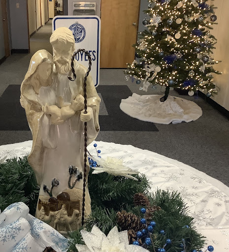 A statue of Mary, Joseph, and Jesus greet those who visit Orton Hall, the home to the Jesuits. 