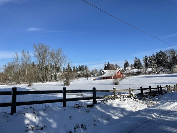 A fresh blanket of snow covers the rural area of Edgewood.

