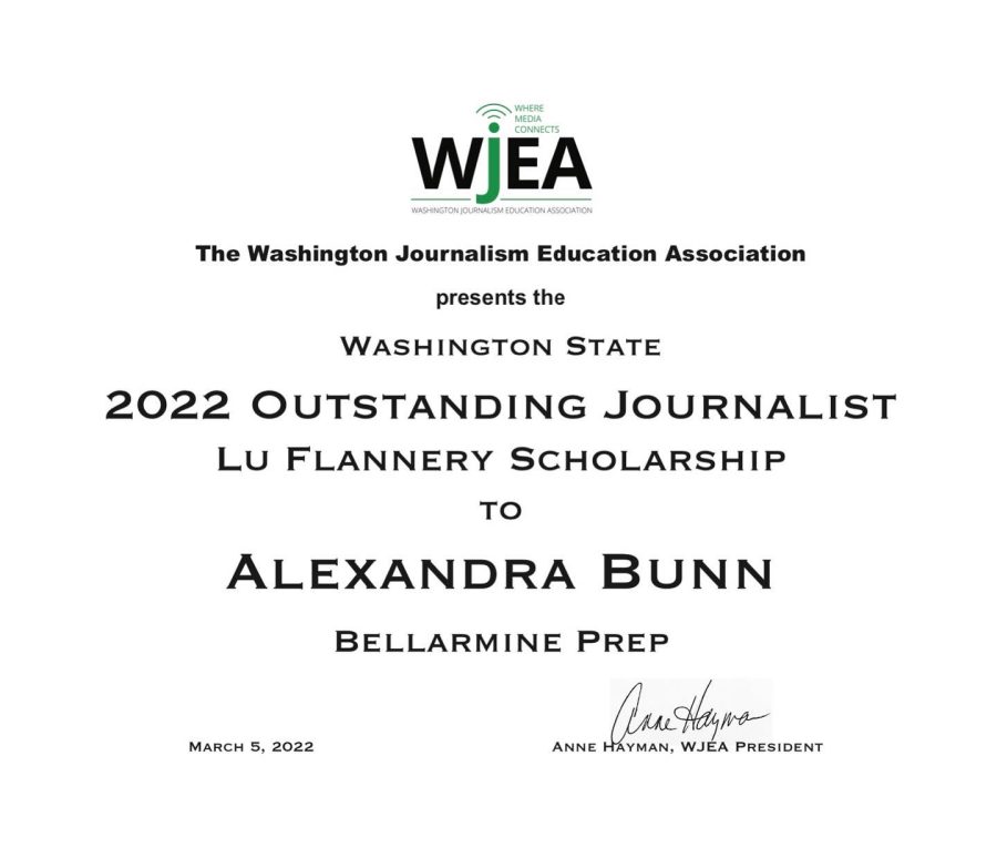 Senior Allie Bunn received a $2000 scholarship from the Washington Journalism Education Association. 