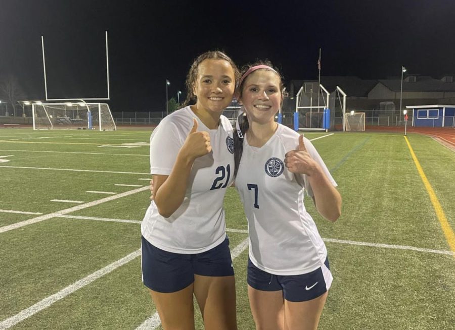 Anna Wetzel (‘23) and McKenna Mitchell (‘24) smile after scoring goals in Bellarmines 2-1 win against Curtis.  