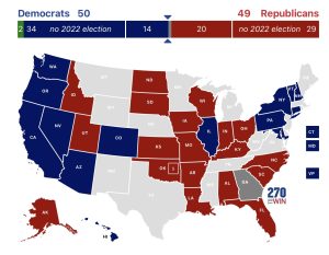 The most recent Senate map of 2022 reflects blue and red. 