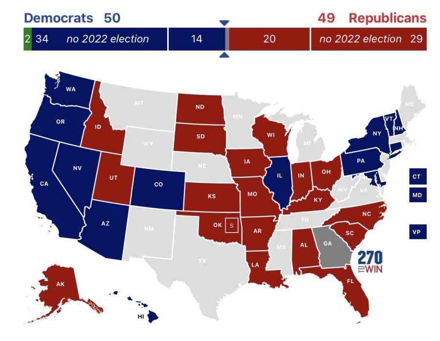 The+most+recent+Senate+map+of+2022+reflects+blue+and+red.+