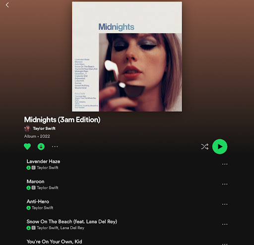A screenshot of Spotify showcases Taylor Swifts latest album. 