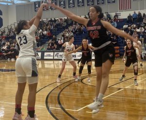 Junior Jada Travis shoots a contested shot over the leaping defender. 