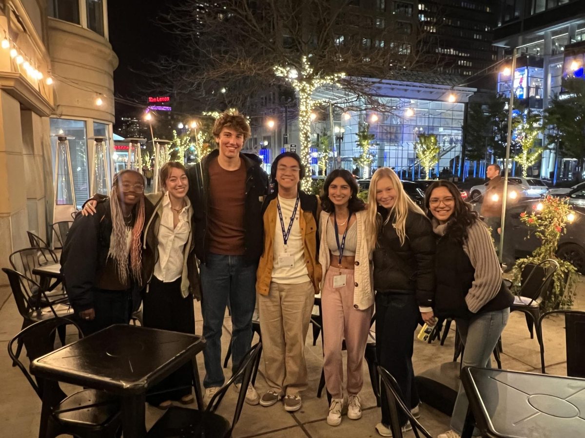 Young alums and current students from left to right: Betty Roberts ‘24, Taraneh Moeini ‘22 (Emerson), Leo Bessler ‘22 (Harvard), David Anel ‘25, Talia Patel ‘24, Allison Berg ‘23 (Boston College), and Mary Anna Joyce ‘23 (Tufts).