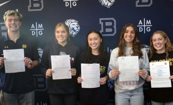 Some senior athletes pose in their college gear. From left to right: Joey Bambrick, Sydney Bland,  Malia Salema, Madi Munguia, and Lucia Moravek. Photo courtesy of Bellarmine_Prep Instagram 