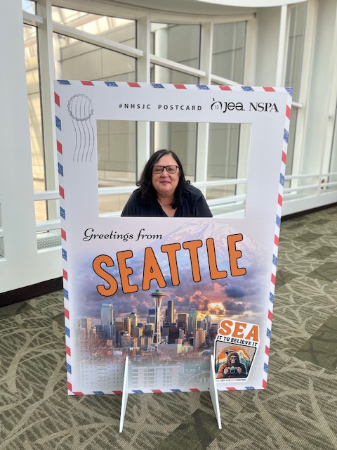 When she wasn't helping at the media tours or information desks, Jeanne Hanigan was sending greetings from Seattle. 