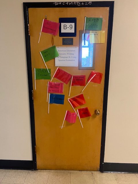 One of the activities for the "Healthy Homework Practices" week included students writing homework tips on flags. The flags represent the climb from base camp up the homework mountain. Pictured here are tips from English teacher Jacob Singer's 9th grade Formation class. 